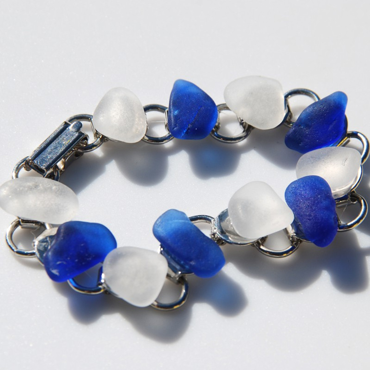 White and Cobalt Blue Sea Glass Bracelet