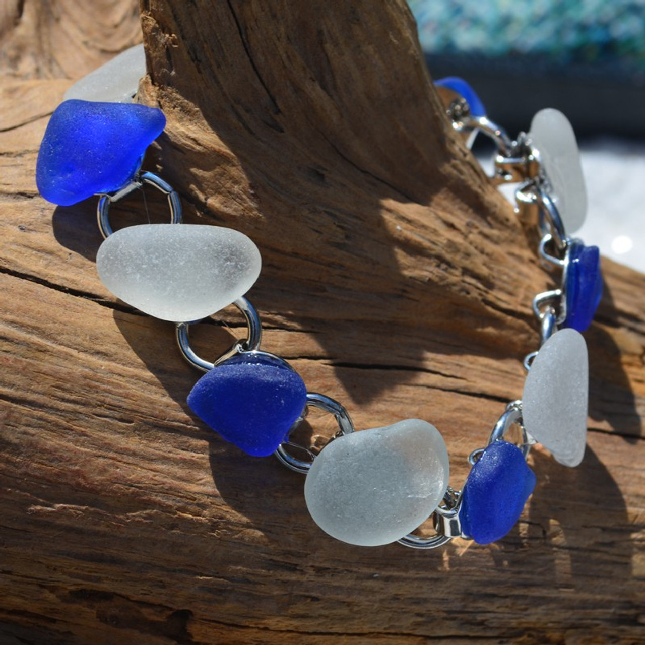 White and Cobalt Blue Sea Glass Bracelet