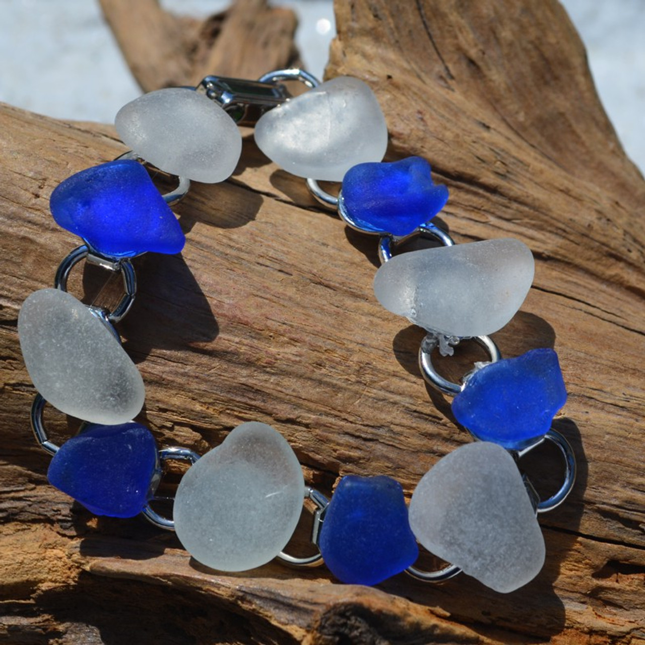 Frosted and Cobalt Blue Sea Glass Bracelet