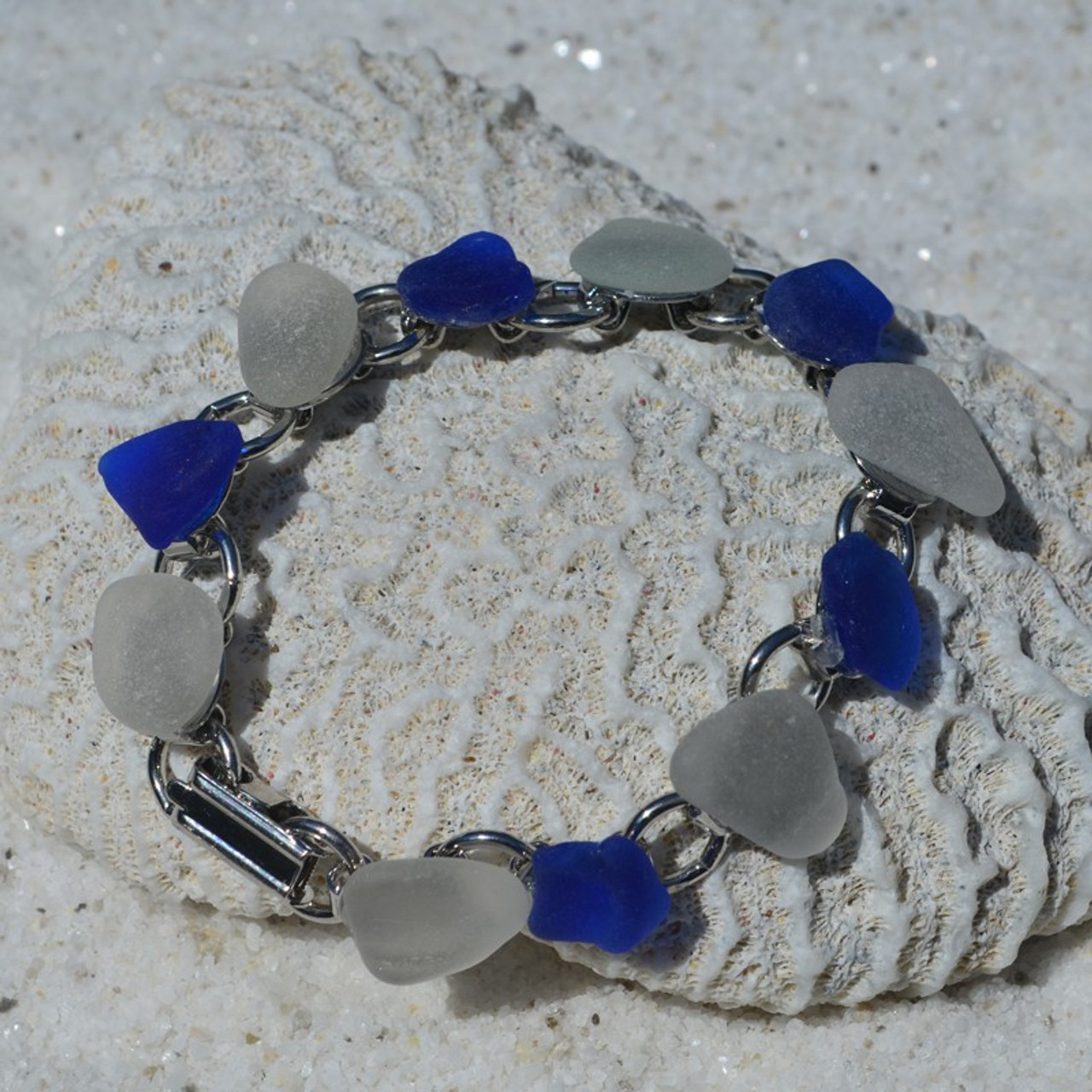 Frosted and Cobalt Blue Sea Glass Charm Bracelet