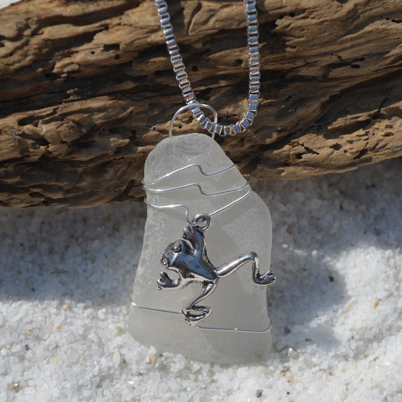 Sea Glass Necklace with a Silver Frog Charm - Choose the Color - Frosted, Green, Brown, or Aqua - Made to Order