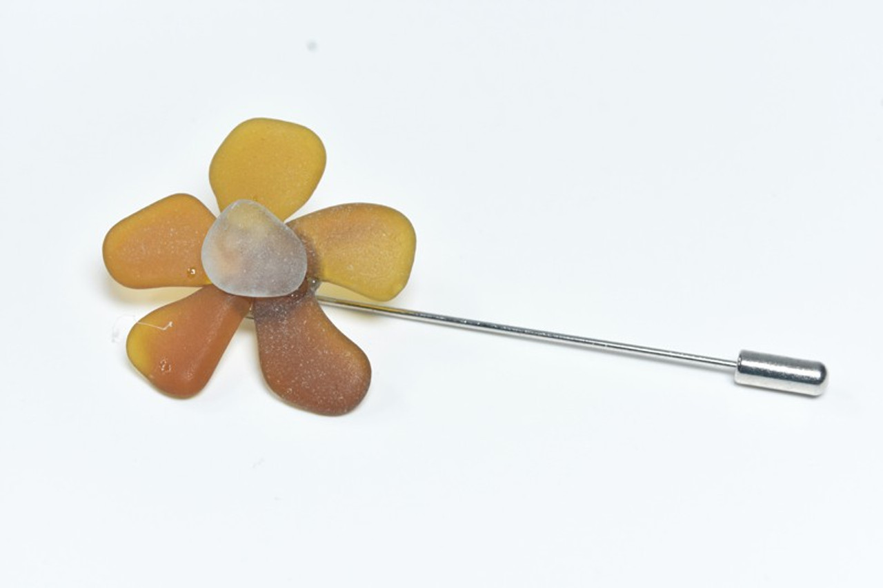 Brown and Frosted White Sea Glass Flower Lapel Pin or Brooch