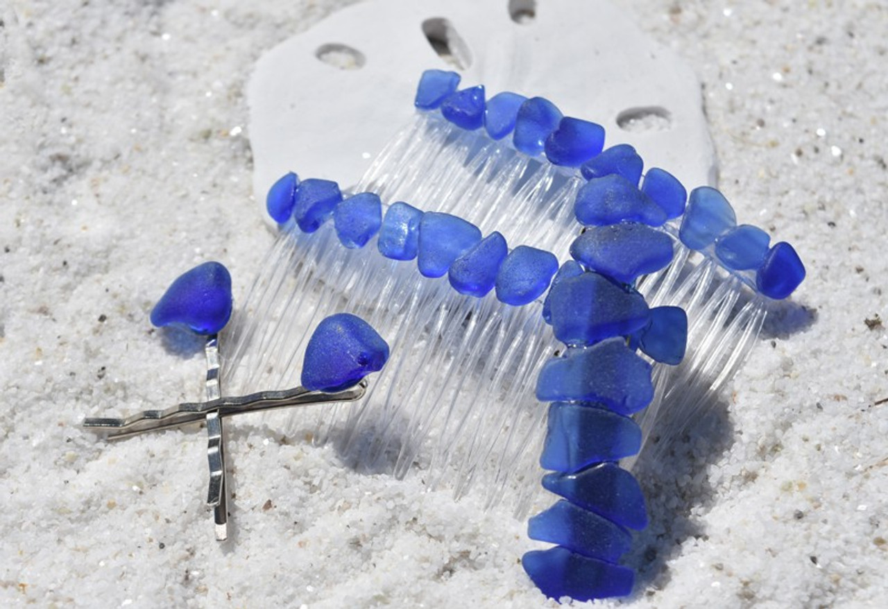 Cobalt Blue Sea Glass Hair Clip Set - Includes 2 Hair Combs, 1 60 mm French  Barrette, 2 Hair Pins - Made to Order