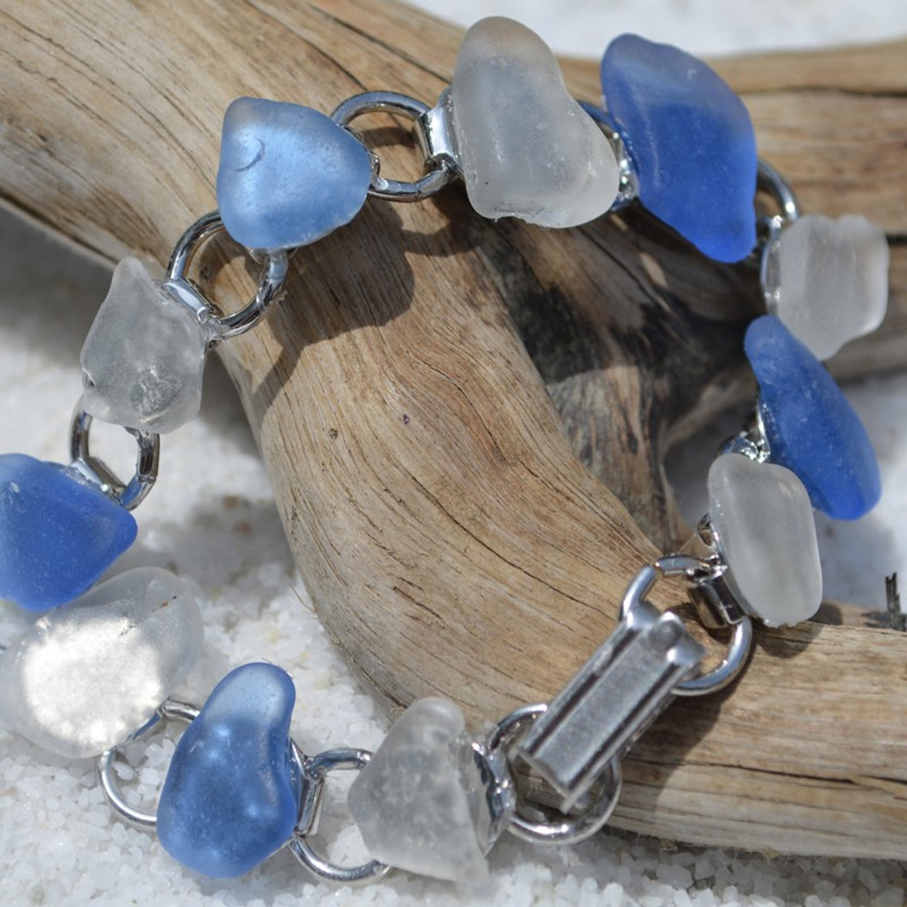 Frosted White and Cornflower Blue Sea Glass Bracelet - 3 Sizes Available - Made to Order