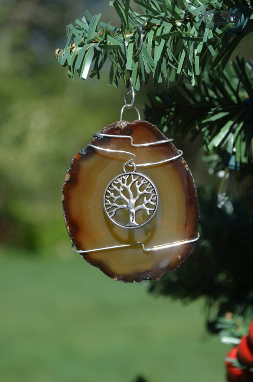Agate Slice Ornament with Silver Tree of Life Charm - Choose Your Agate Slice Color - Made to Order