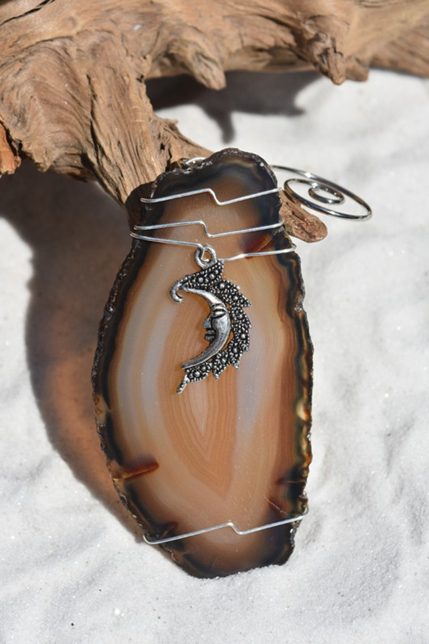 Agate Slice Ornament with Silver Moon Charm - Choose Your Agate Slice Color - Made to Order