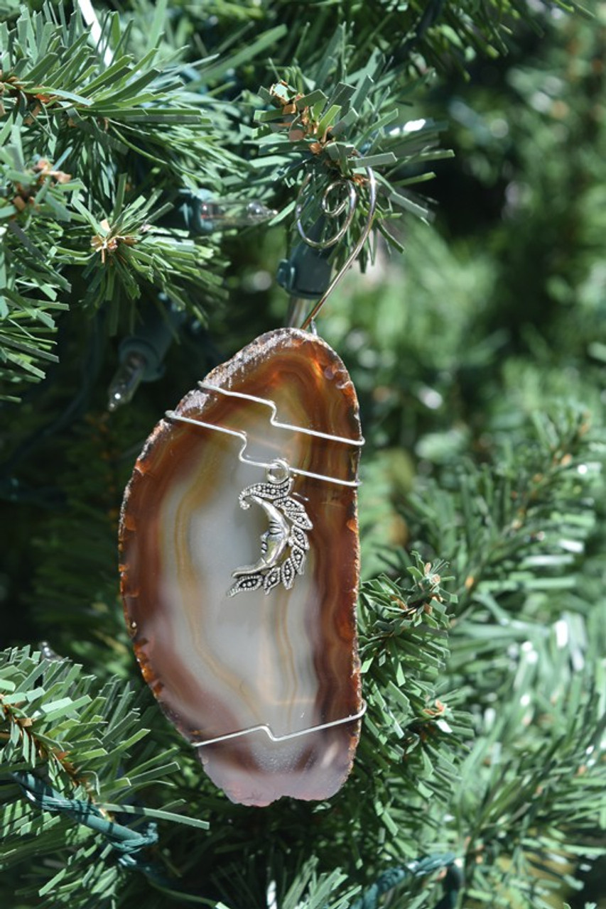 Agate Slice Ornament with Silver Moon Charm - Choose Your Agate Slice Color - Made to Order