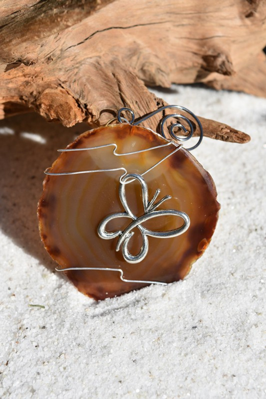 Agate Slice Ornament with Silver Butterfly Charm - Choose Your Agate Slice Color - Made to Order