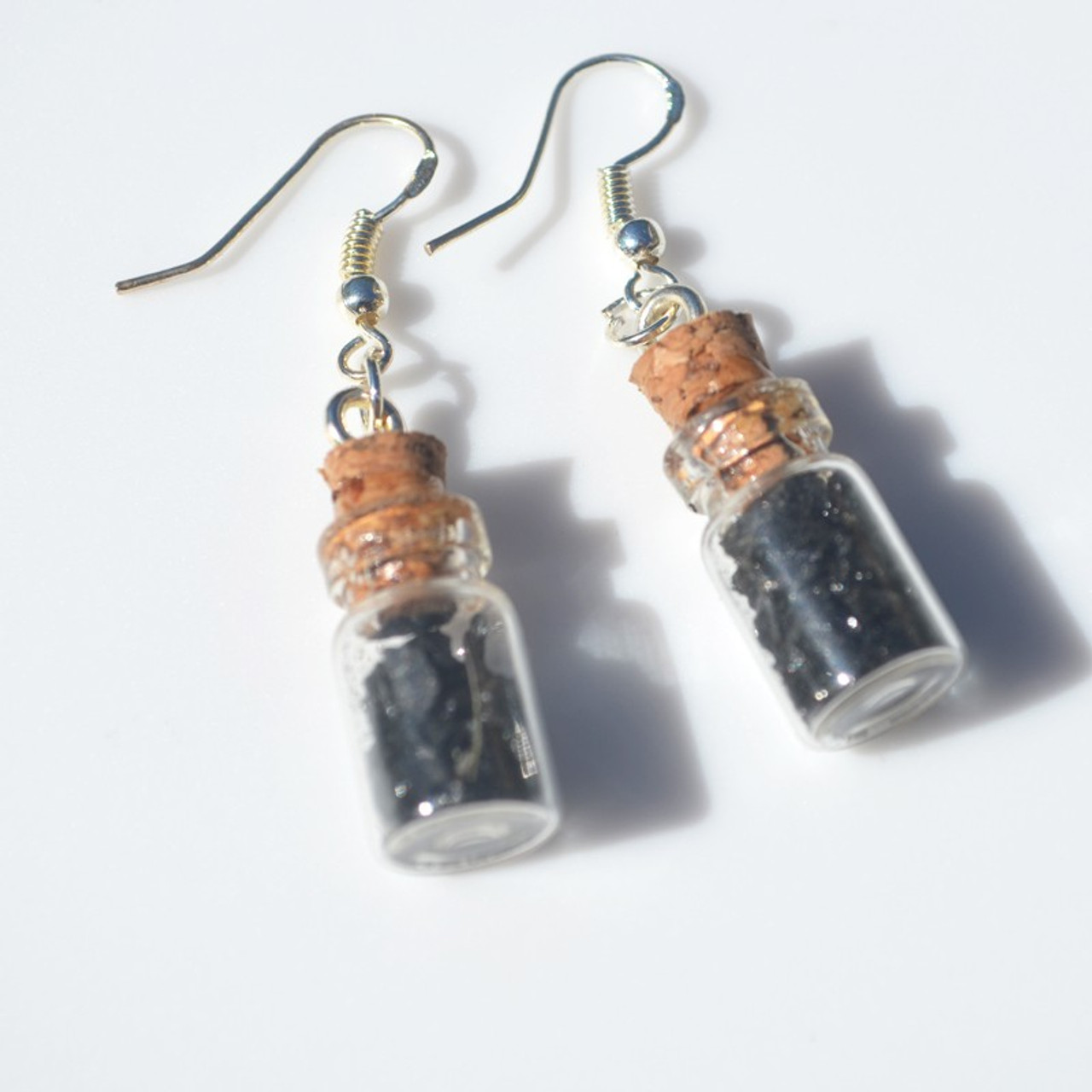 Black Tourmaline Stones in Delicate Glass Vial Earrings 