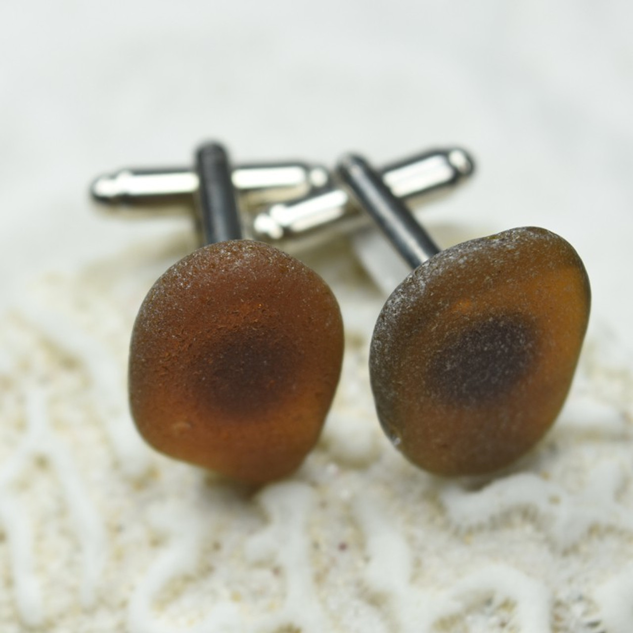 Surf Tumbled Brown Sea Glass Cufflinks 