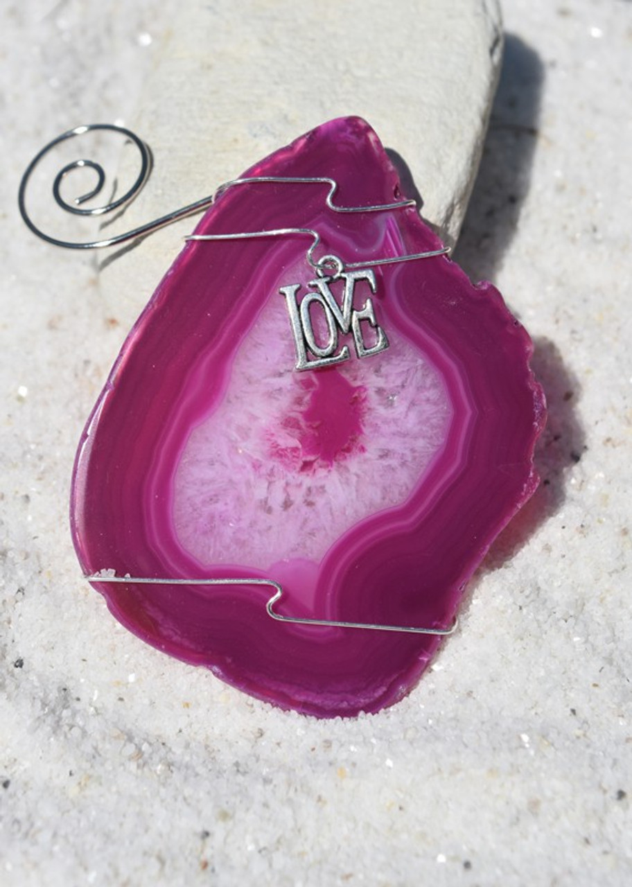 Agate Slice Ornament with Silver Love Charm - Choose Your Agate Slice Color - Made to Order