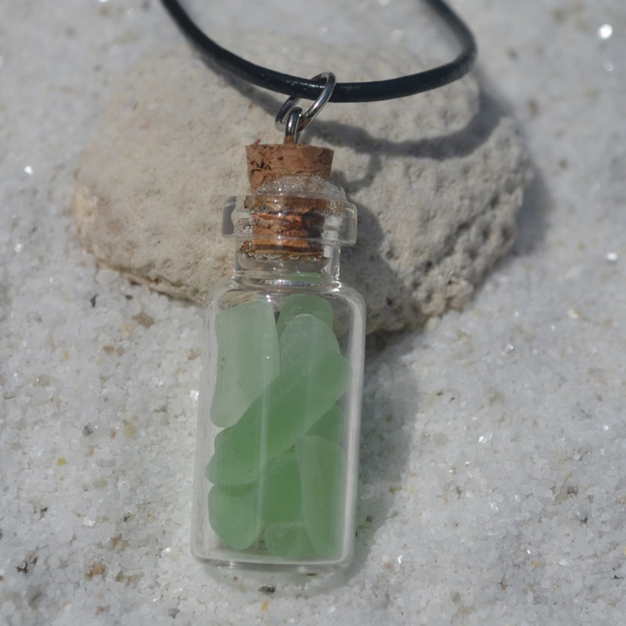 Frosted Aqua Sea Glass Necklace in a Glass Vial on a Leather Cord - Made to Order