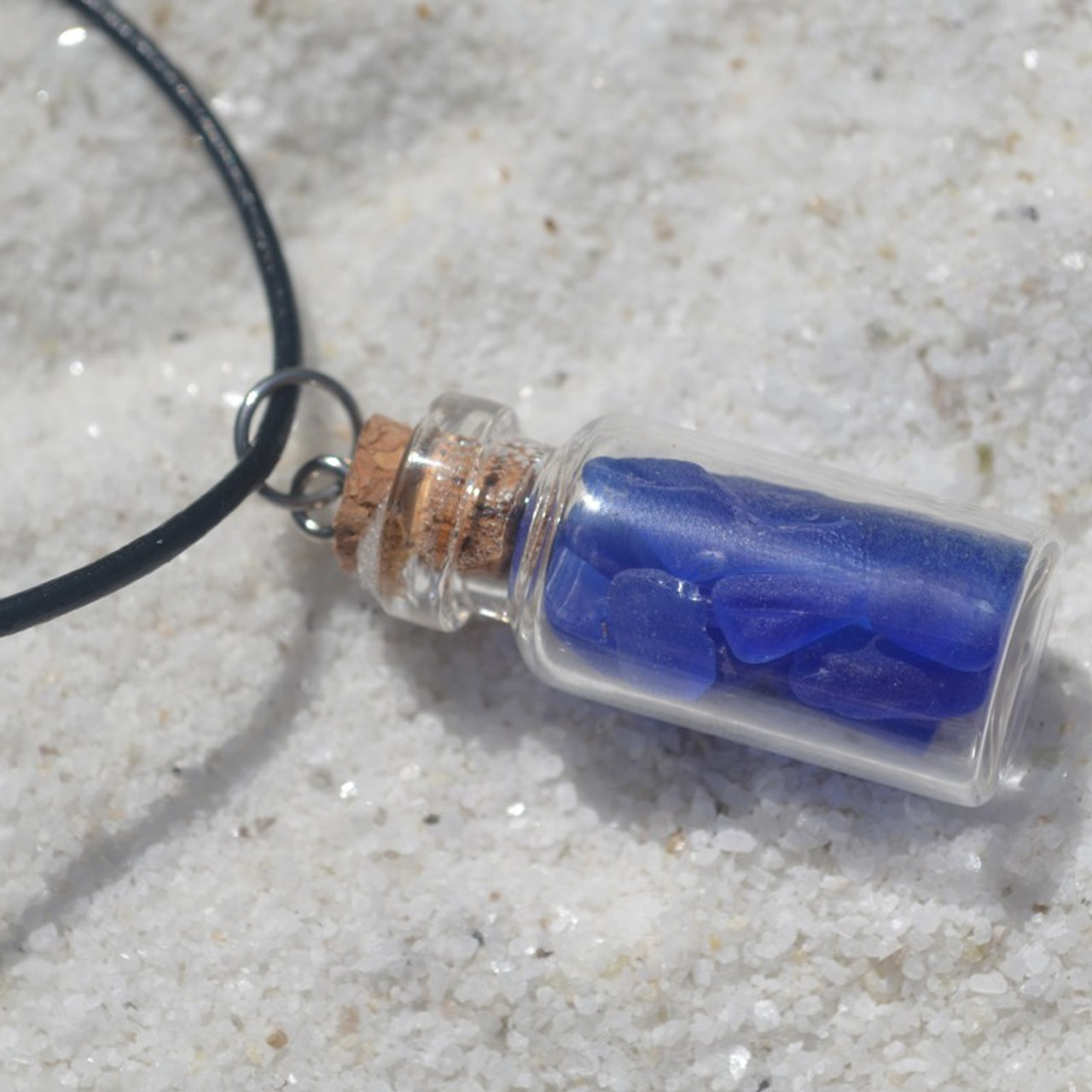 Frosted Blue Sea Glass Necklace in a Glass Vial on a Leather Cord - Made to Order