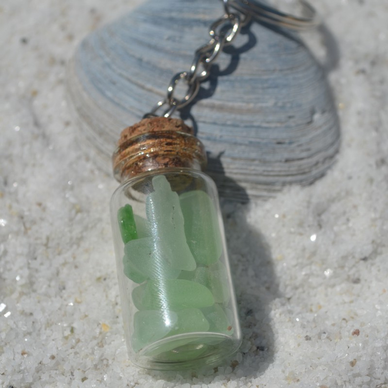 Aqua and Sea Foam Sea Glass in a Glass Vial Key Chain - Made to Order