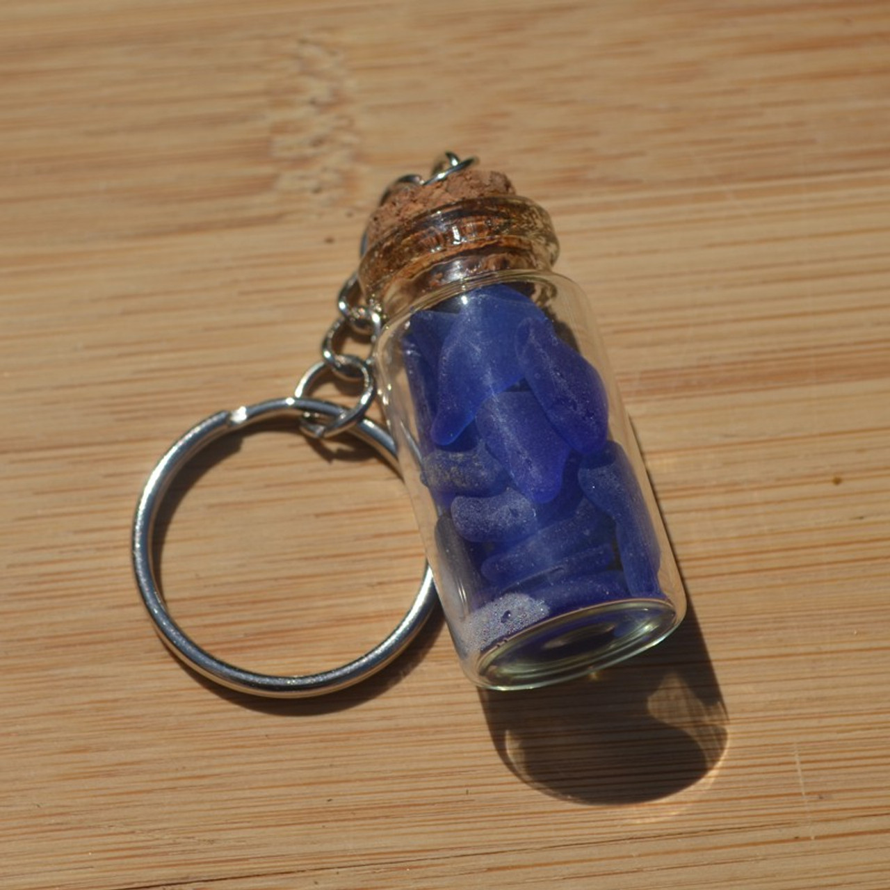 Blue Sea Glass in a Glass Vial Key Chain - Made to Order