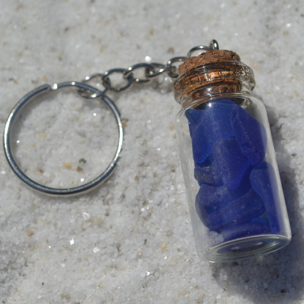 Blue Sea Glass in a Glass Vial Key Chain