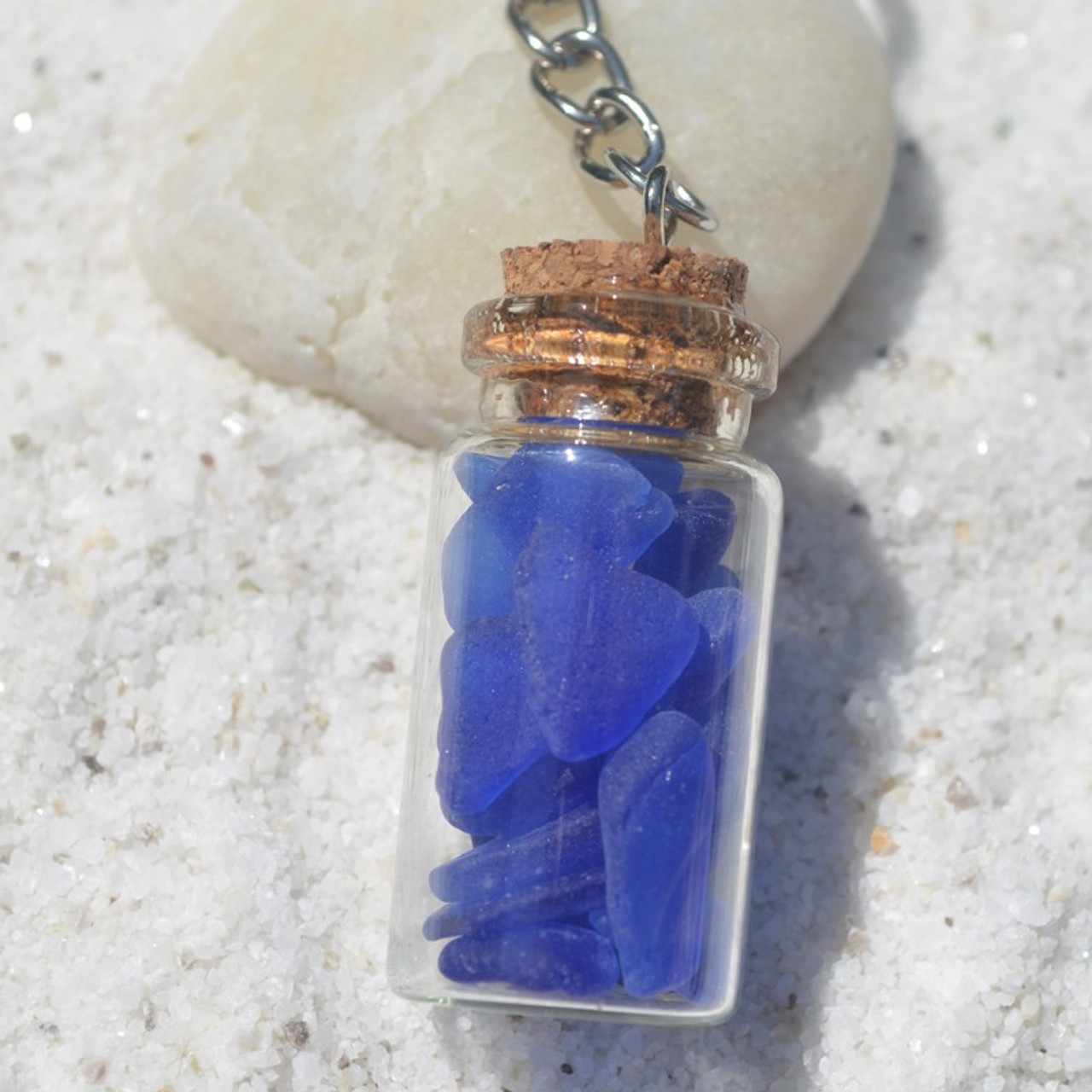 Blue Sea Glass in a Glass Vial Key Chain