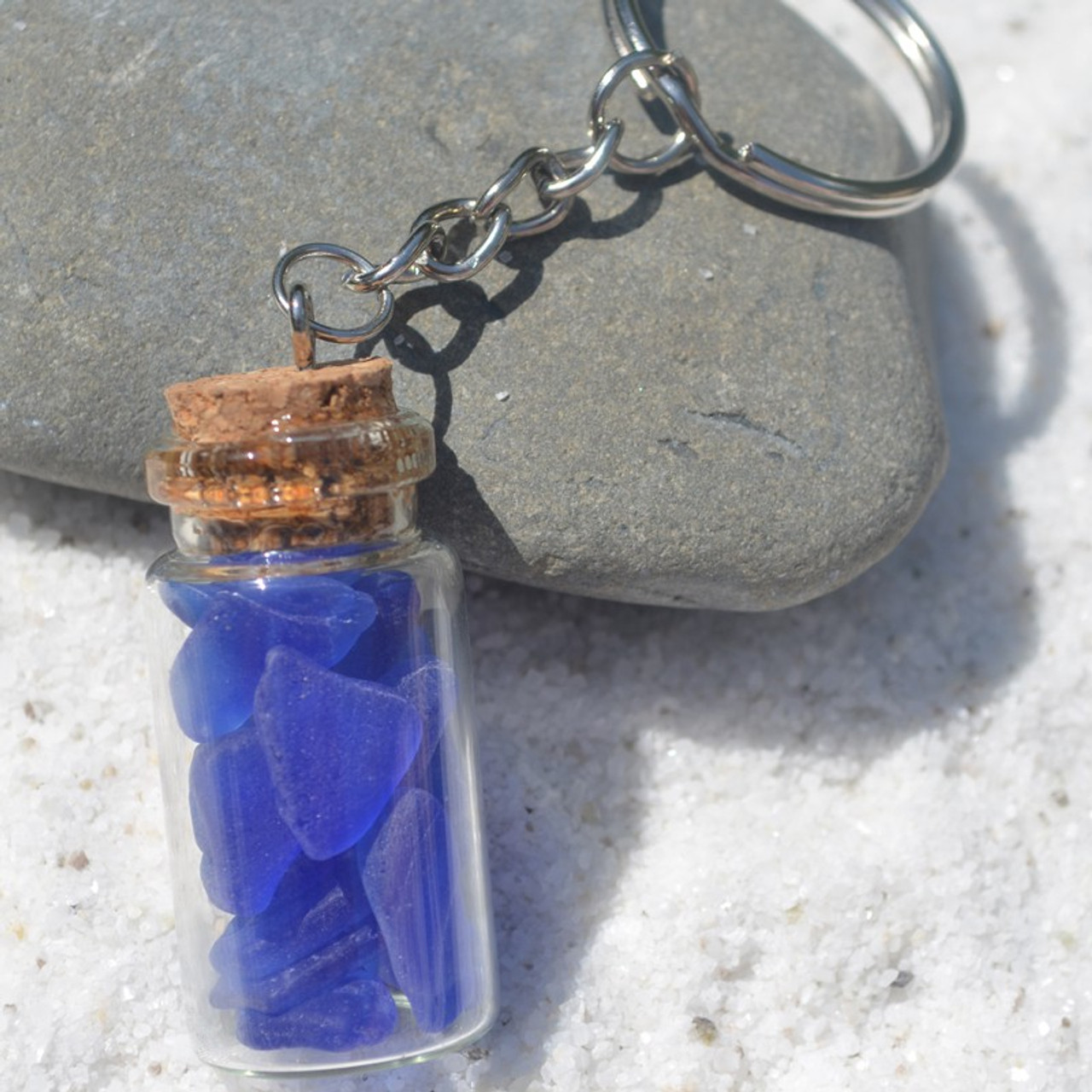 Blue Sea Glass in a Glass Vial Key Chain