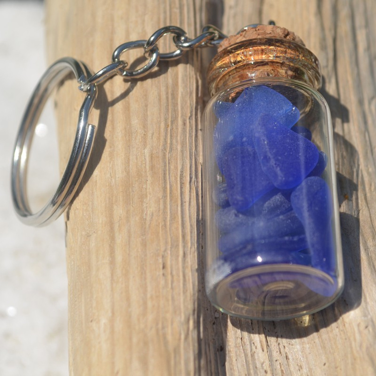 Blue Sea Glass in a Glass Vial Key Chain