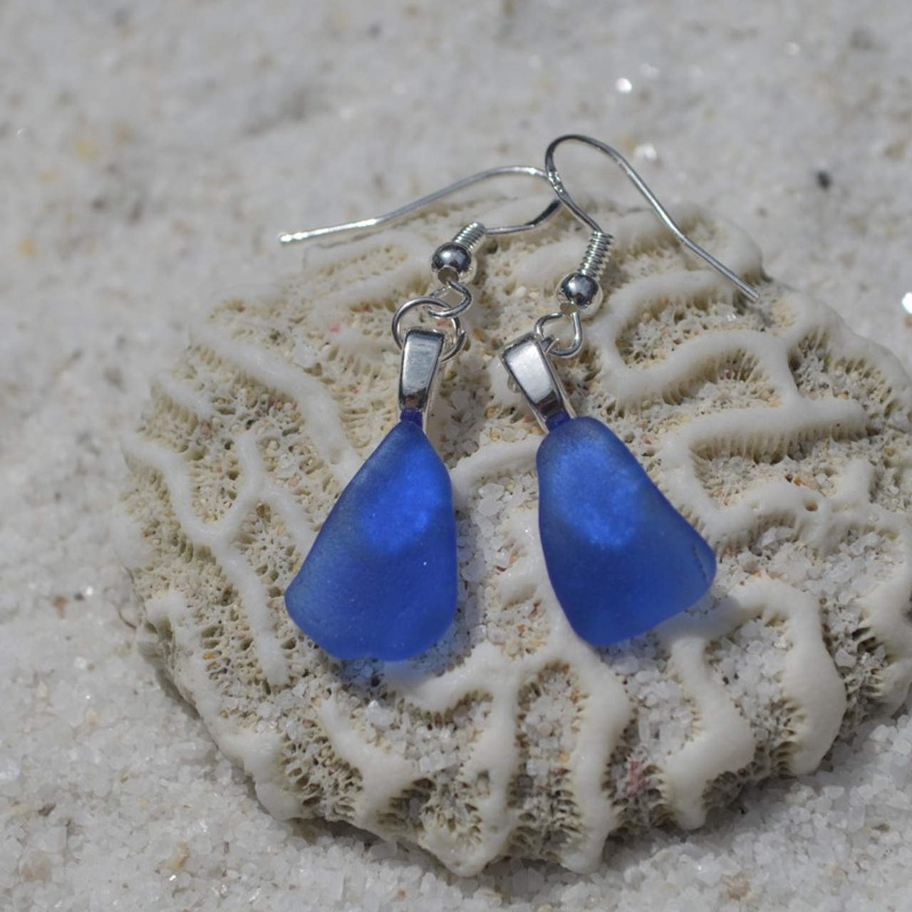 Pair of Genuine Surf Tumbled Dangling Cobalt Blue Sea Glass Earrings - (1 Set)- Made to Order