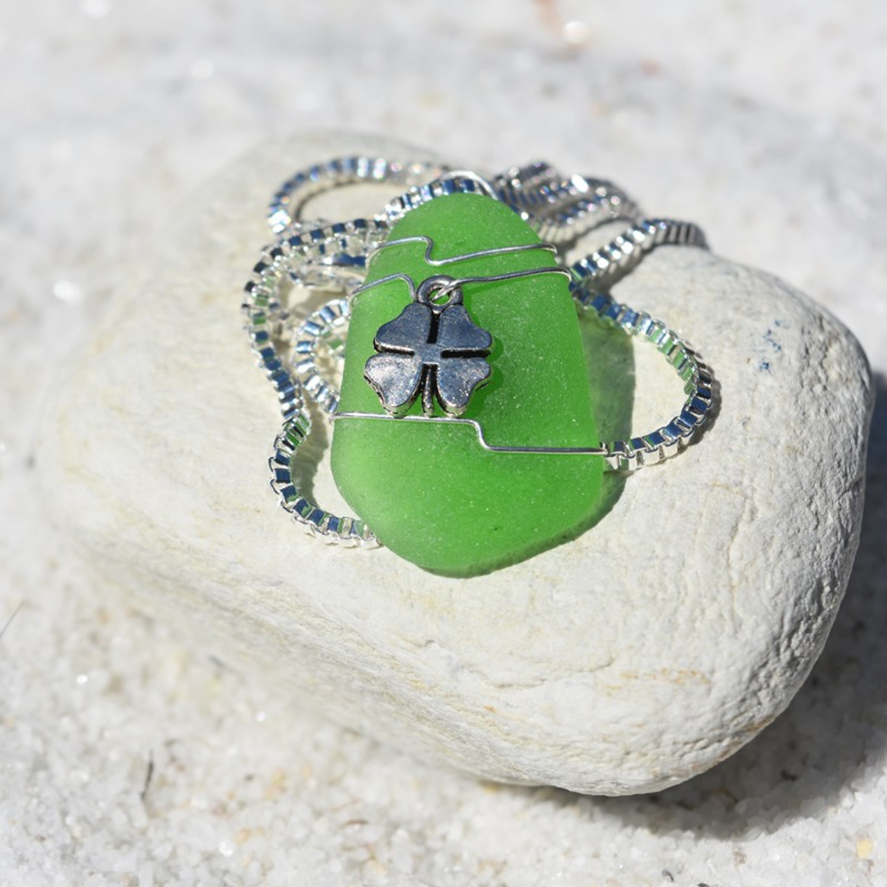 Custom Handmade Genuine Sea Glass Necklace with a Silver Shamrock Charm - Choose the Color - Frosted, Green, Brown, or Aqua-1