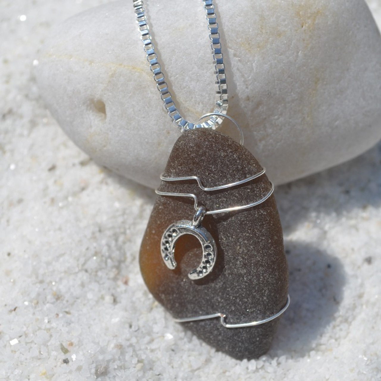 Genuine Sea Glass Necklace with a Silver Horse Shoe Charm - Choose the Color - Frosted, Green, Brown, or Aqua - Made to Order