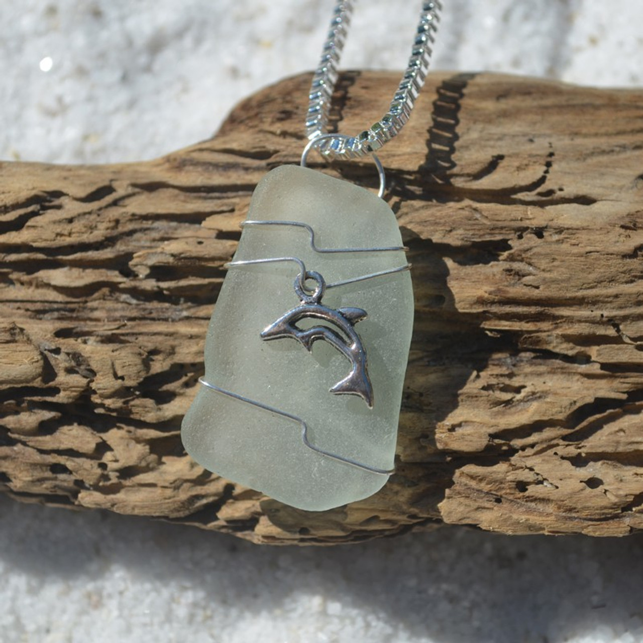 Genuine Sea Glass Necklace with a Silver Dolphin Charm - Choose the Color - Frosted, Green, Brown, or Aqua - Made to Order