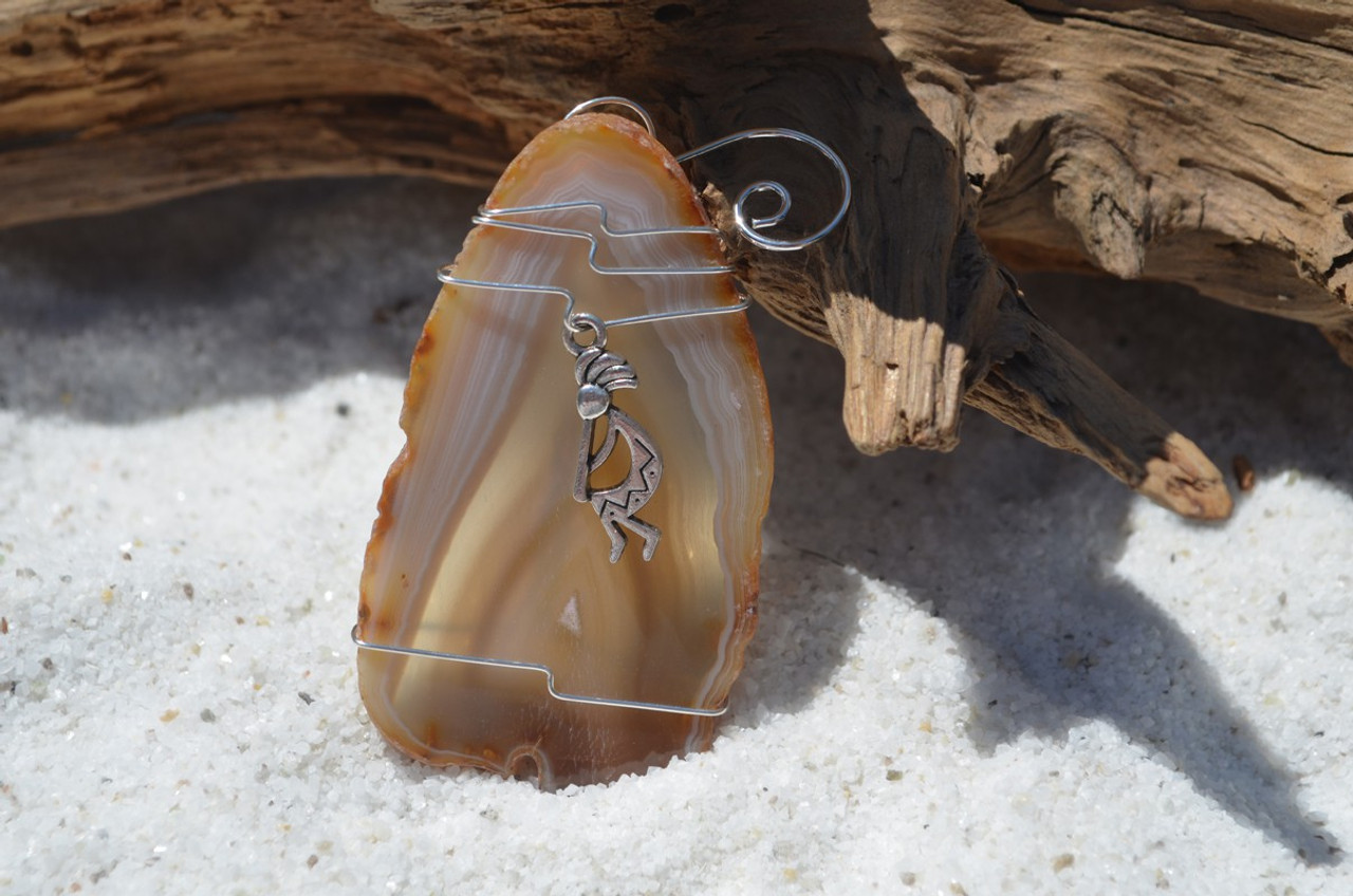 Agate Slice Ornament with Silver Kokopelli Charm - Choose Your Agate Slice Color - Made to Order