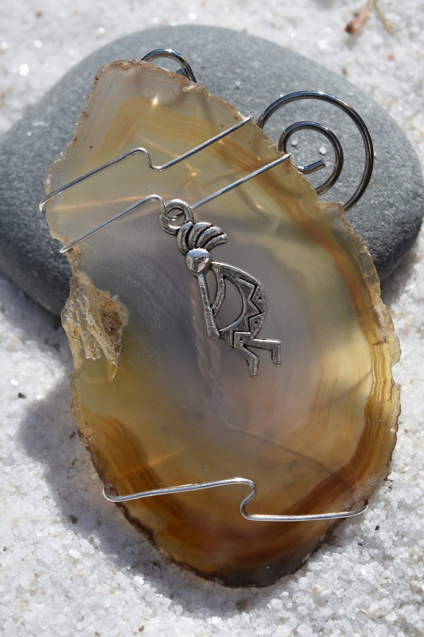 Agate Slice Ornament with Silver Kokopelli Charm - Choose Your Agate Slice Color - Made to Order