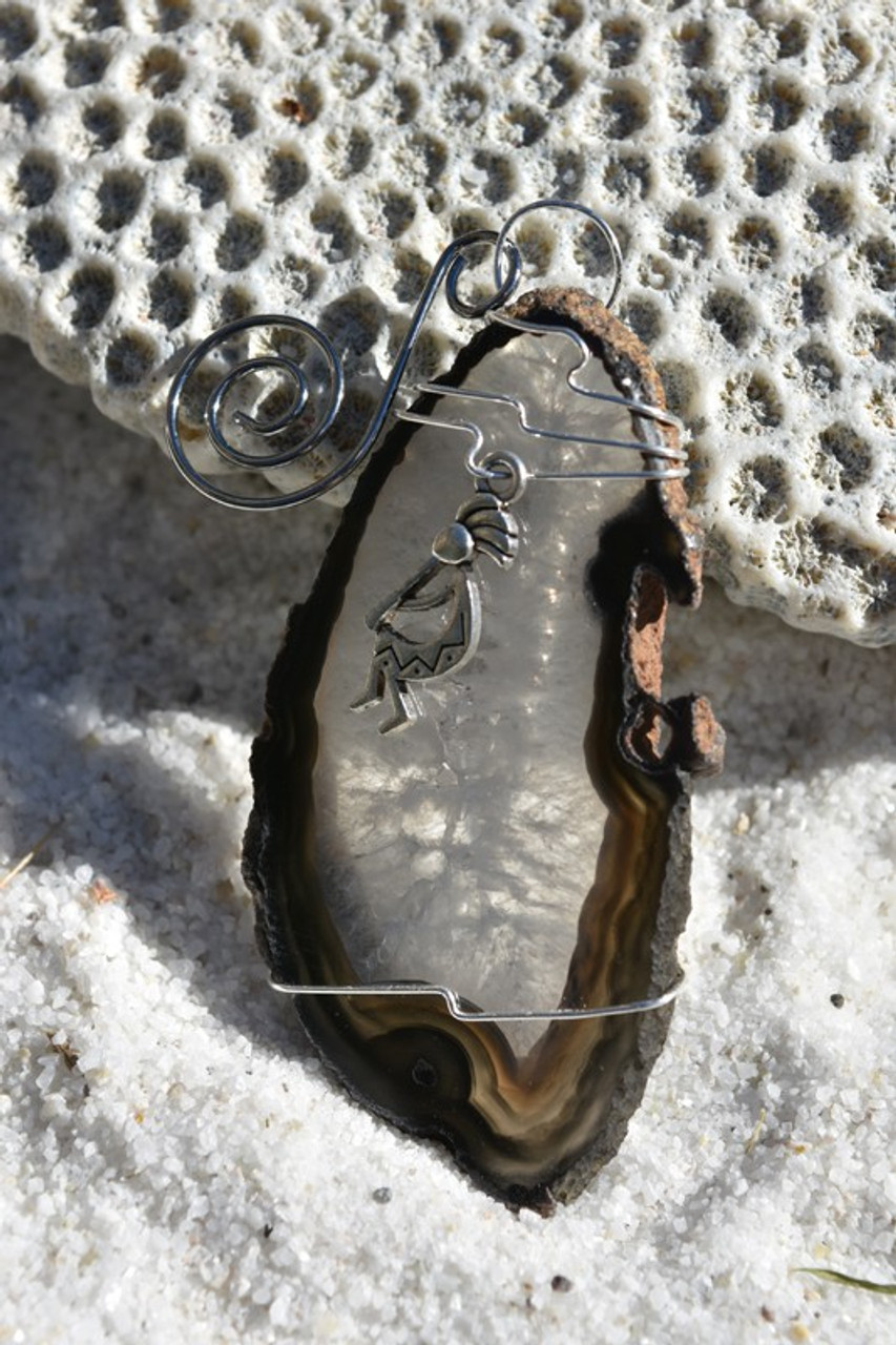 Agate Slice Ornament with Silver Kokopelli Charm - Choose Your Agate Slice Color - Made to Order