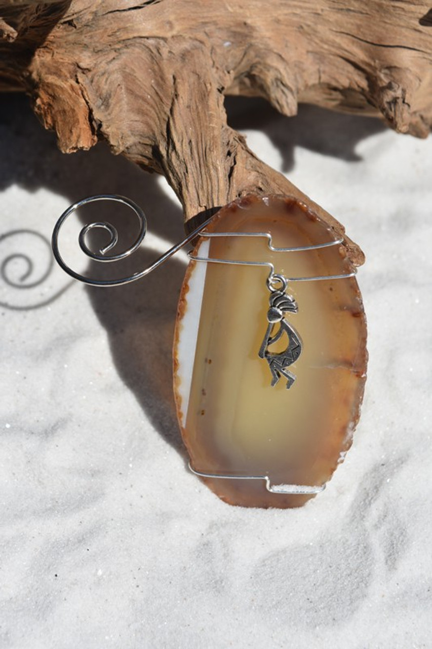 Agate Slice Ornament with Silver Kokopelli Charm - Choose Your Agate Slice Color - Made to Order