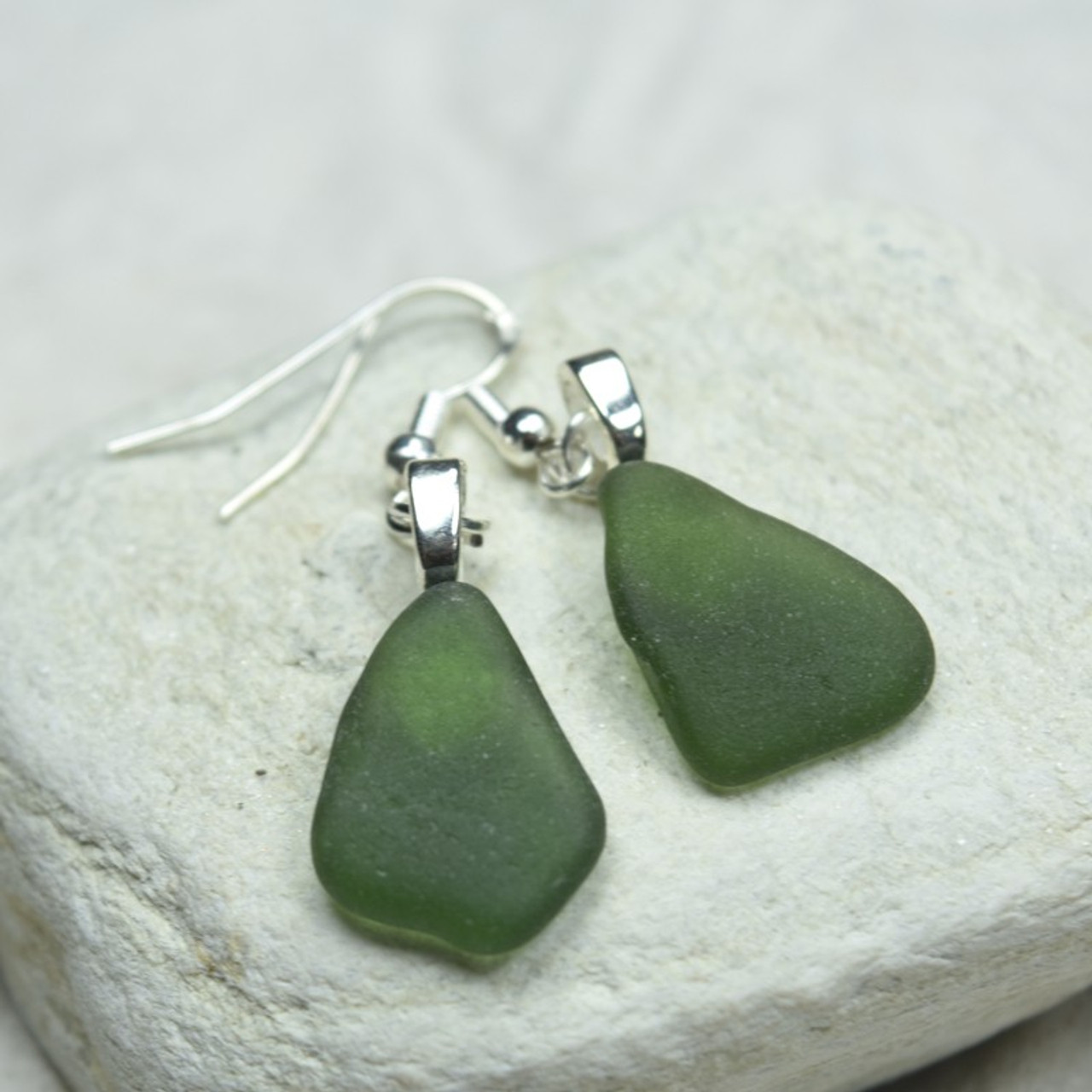 Olive Green Sea Glass Dangling Earrings