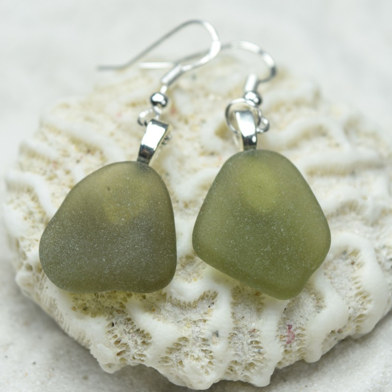 Olive Green Sea Glass Dangling Earrings