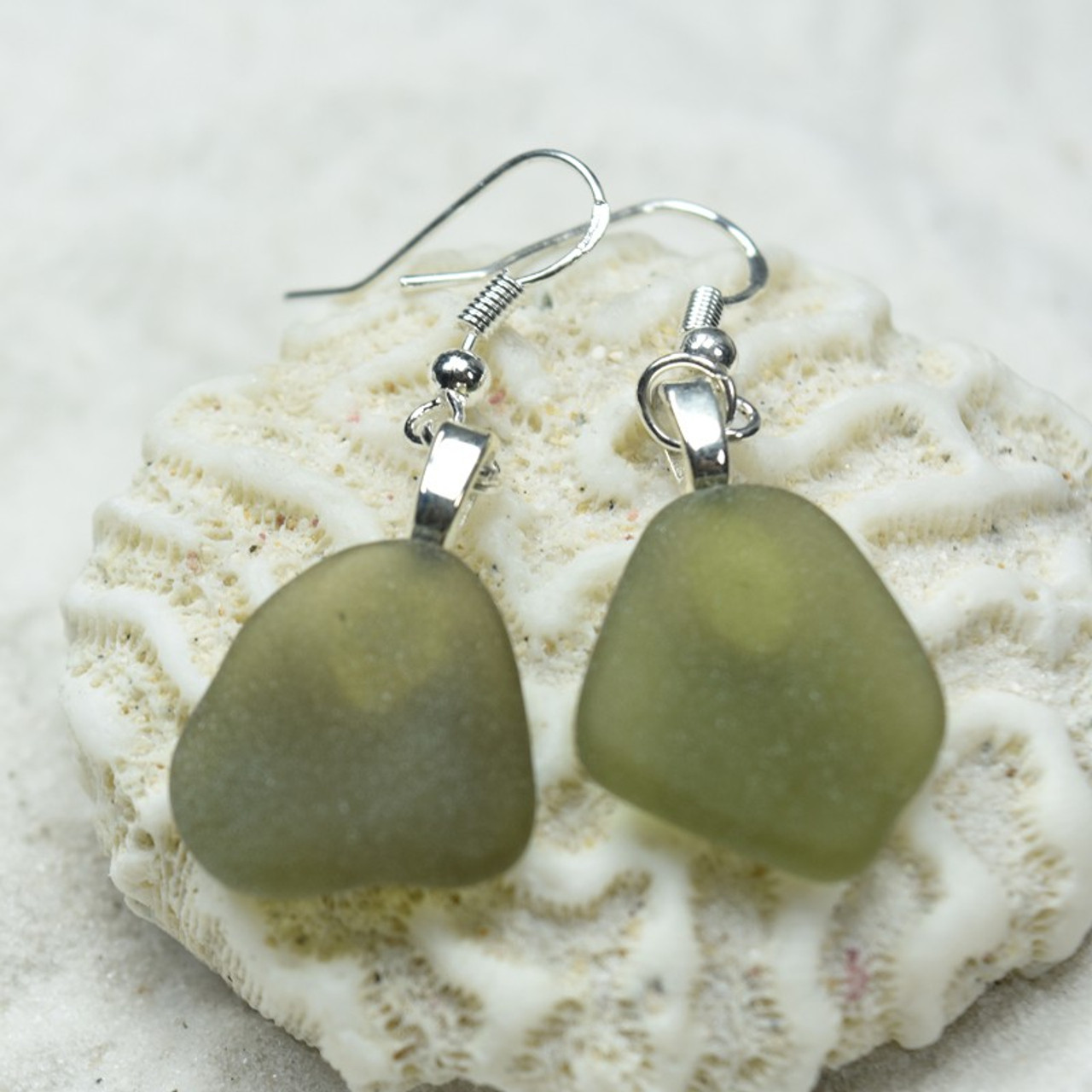 Surf Tumbled Olive Green Sea Glass Earrings