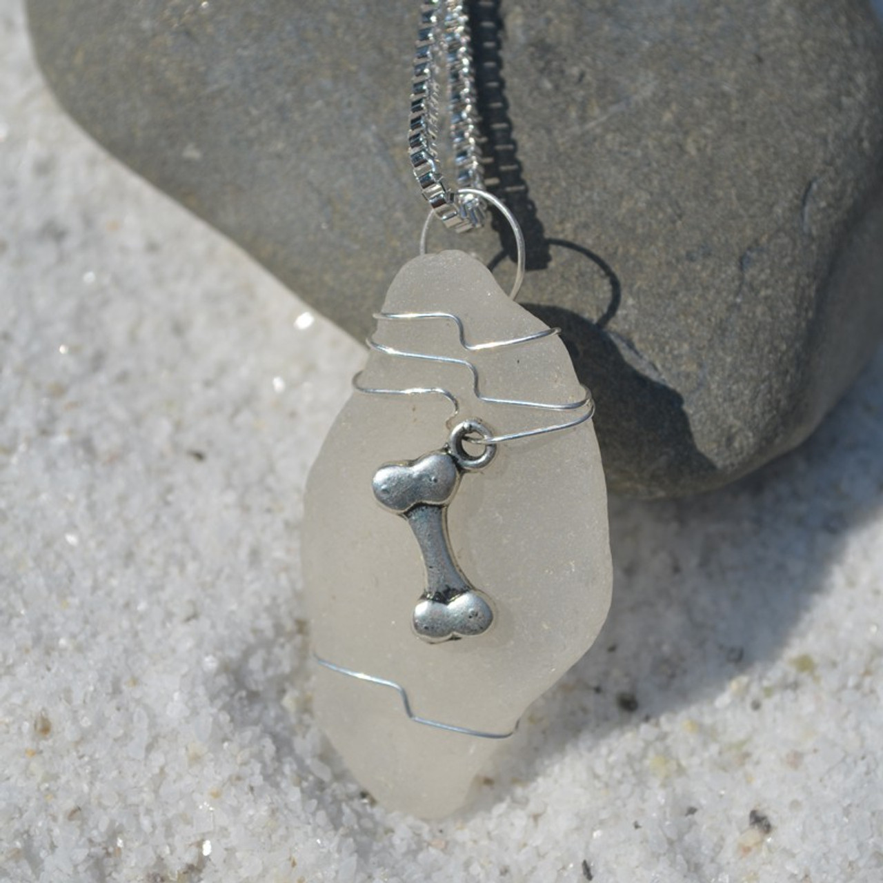 Handmade Genuine Sea Glass Necklace with a Silver Dog Bone Charm - Choose the Color - Frosted, Green, Brown, or Aqua - Made to Order