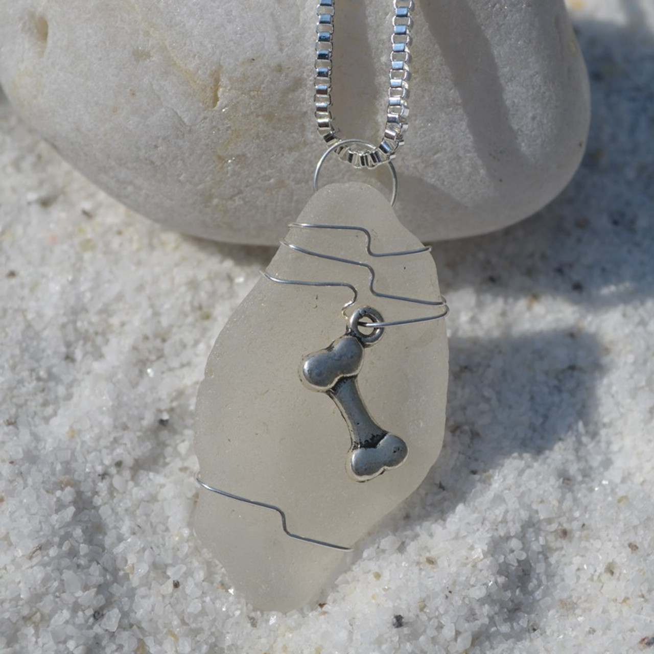 Handmade Genuine Sea Glass Necklace with a Silver Dog Bone Charm - Choose the Color - Frosted, Green, Brown, or Aqua - Made to Order