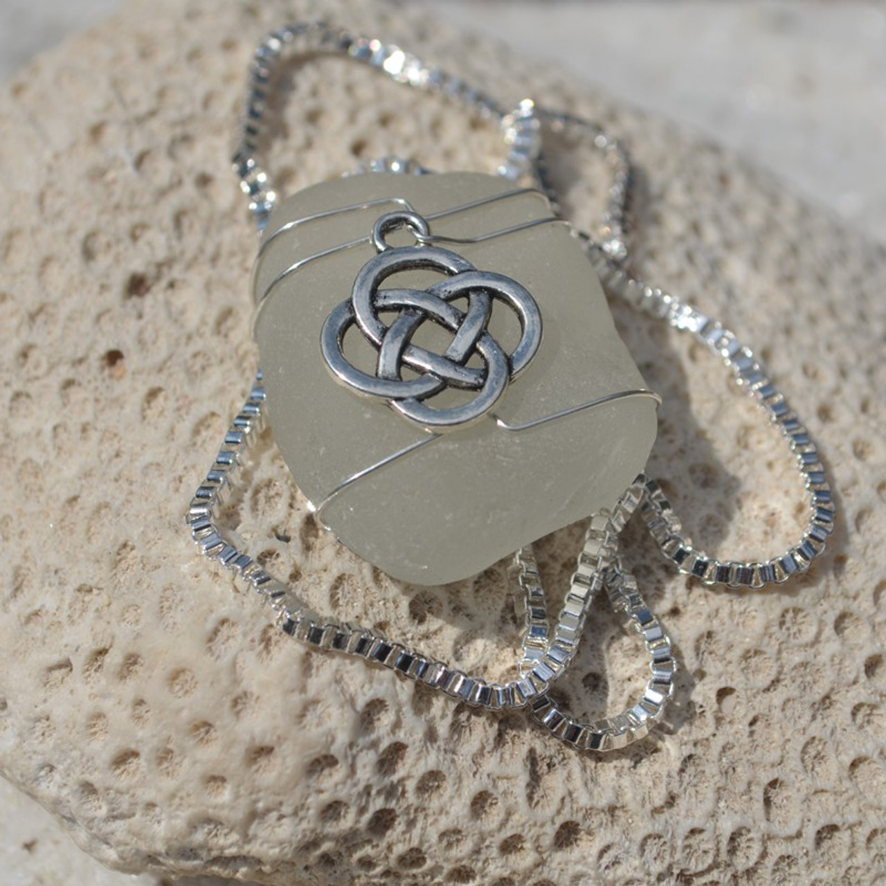 Genuine Sea Glass Necklace with a Silver Celtic Knot Charm - Choose the Color - Frosted, Green, Brown, or Aqua - Made to Order