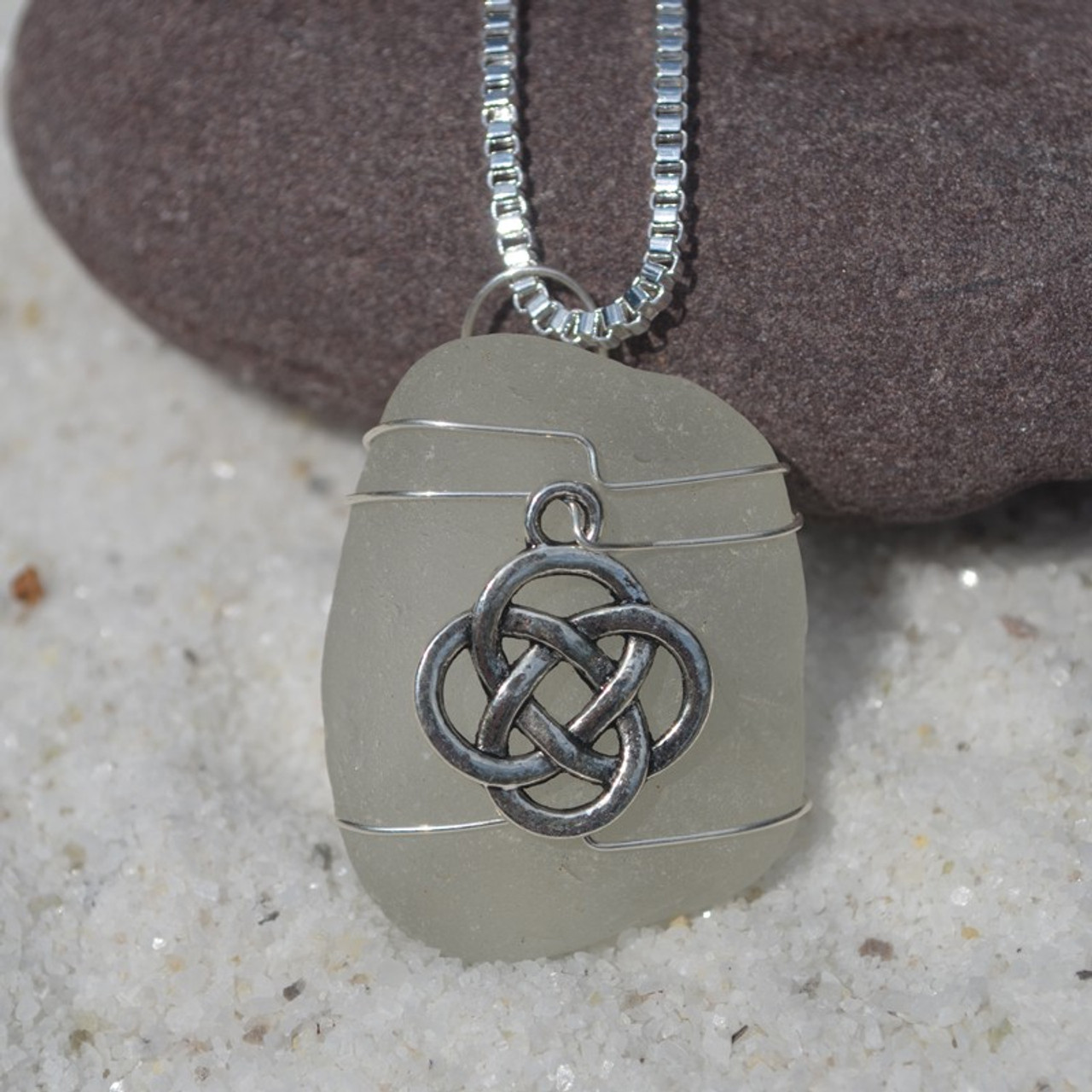 Genuine Sea Glass Necklace with a Silver Celtic Knot Charm - Choose the Color - Frosted, Green, Brown, or Aqua - Made to Order
