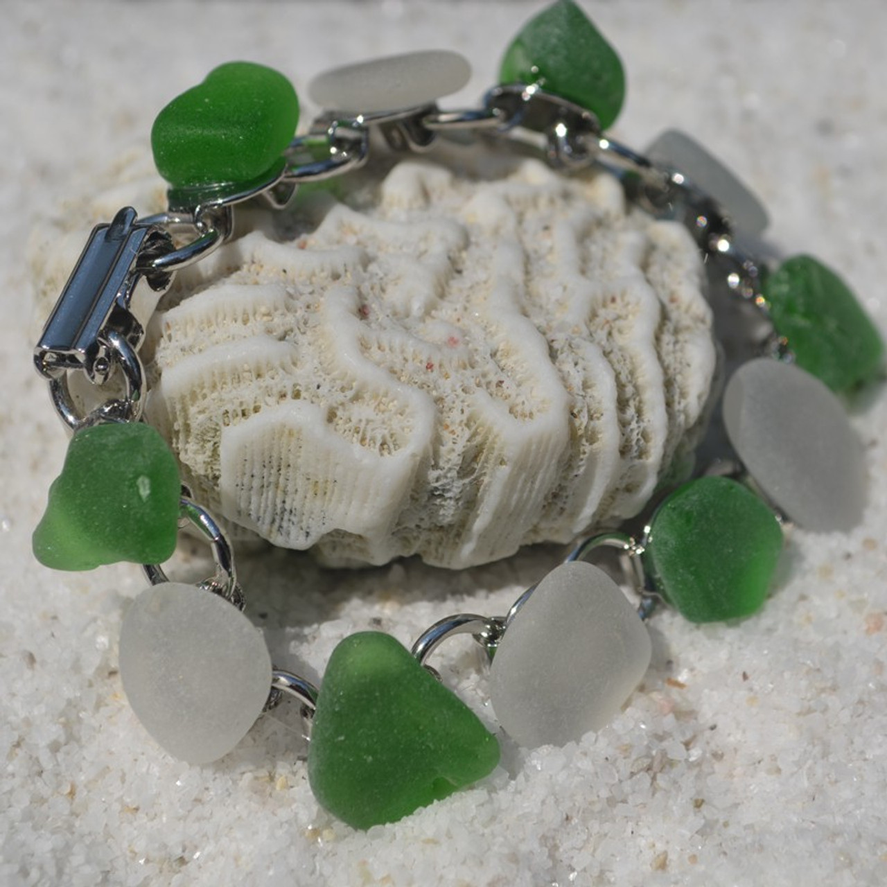 Green and Frosted White Sea Glass Bracelet