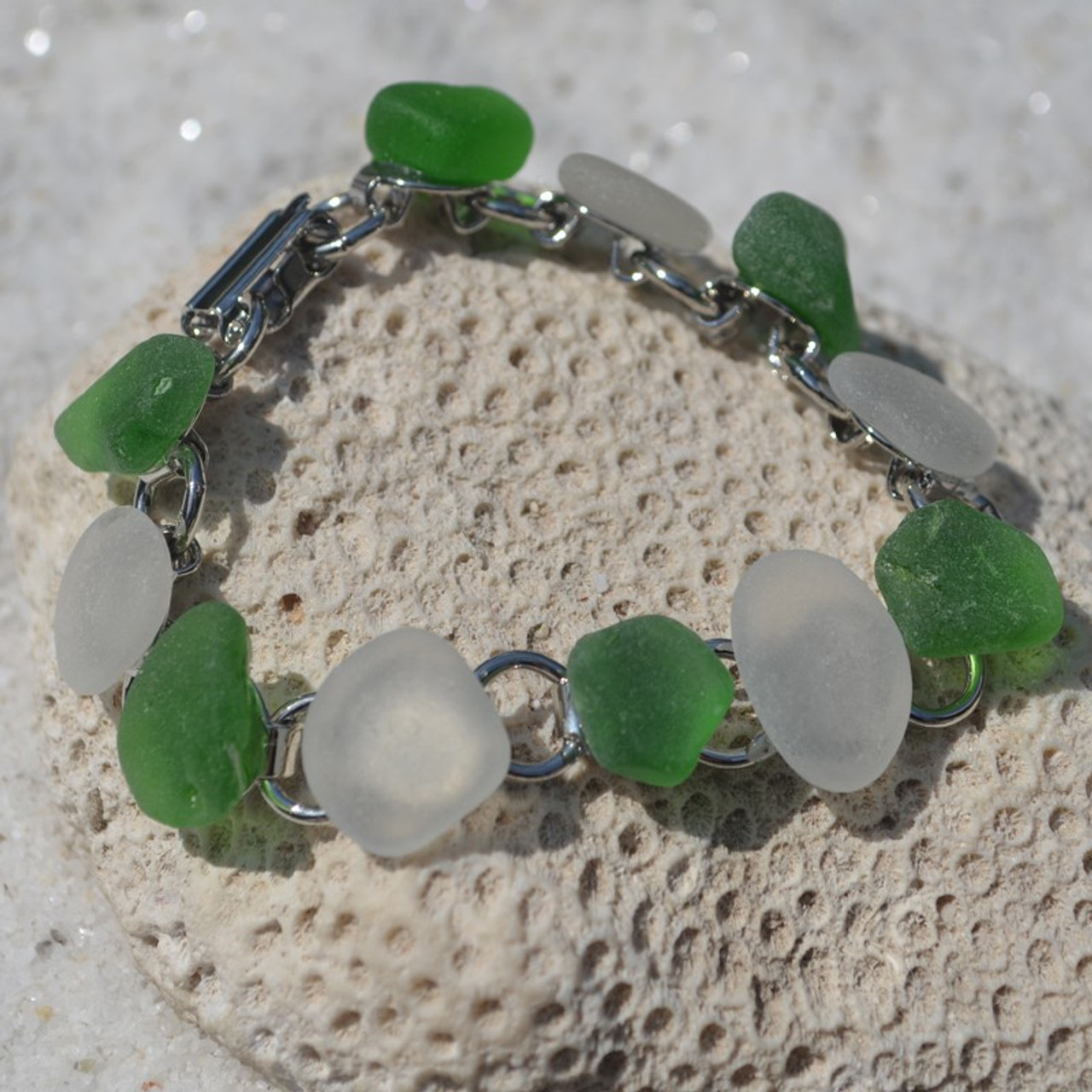 Genuine Green and Frosted White Sea Glass Bracelet - 3 Sizes Available - Made to Order