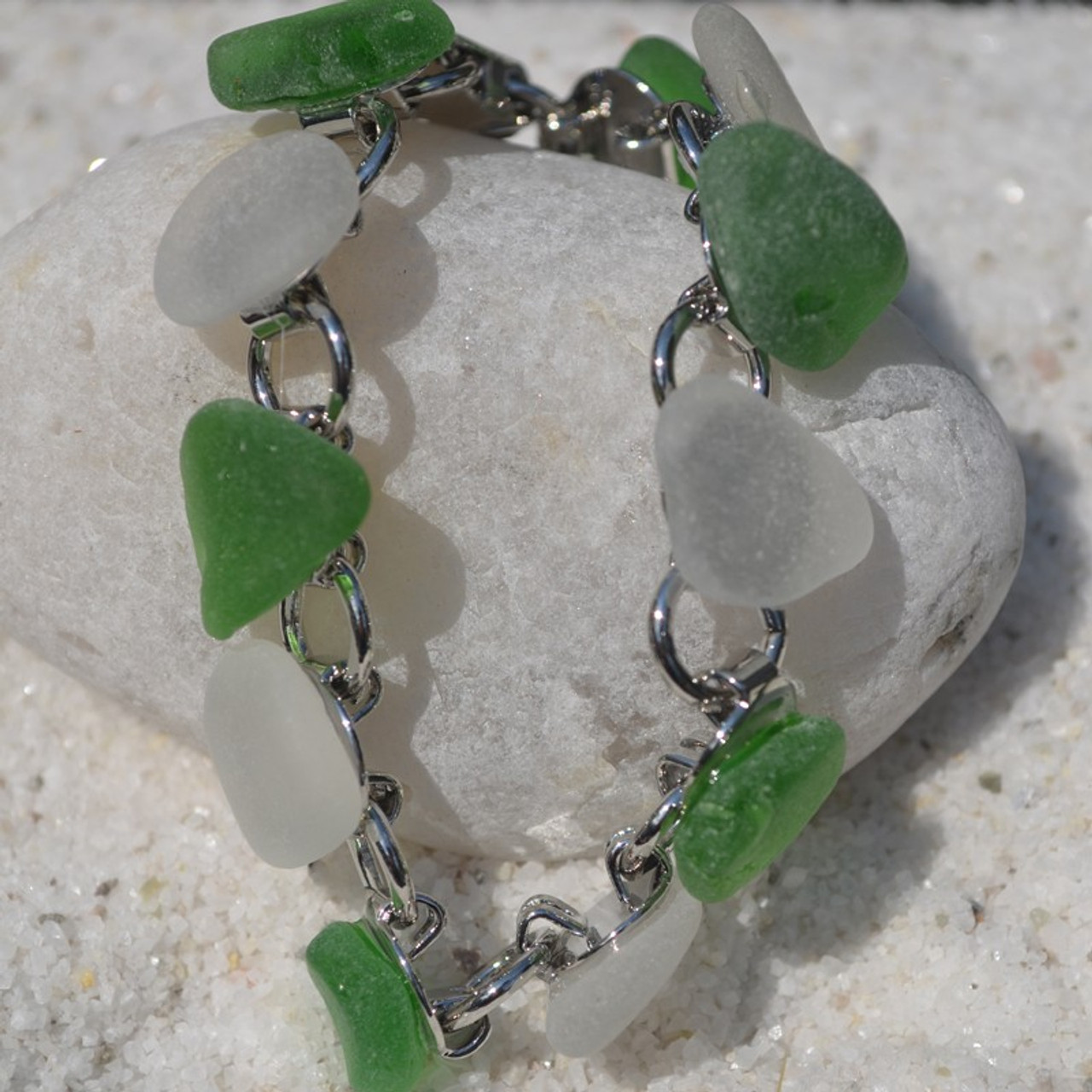 Surf Tumbled Green and Frosted White Sea Glass Bracelet