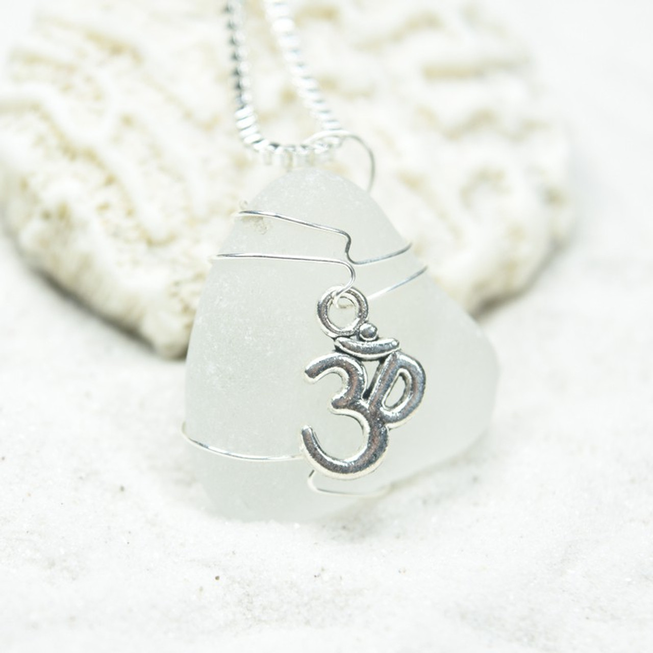 Genuine Sea Glass Necklace with a Silver Yoga Ohm Charm - Choose the Color - Frosted, Green, Brown, or Aqua - Made to Order