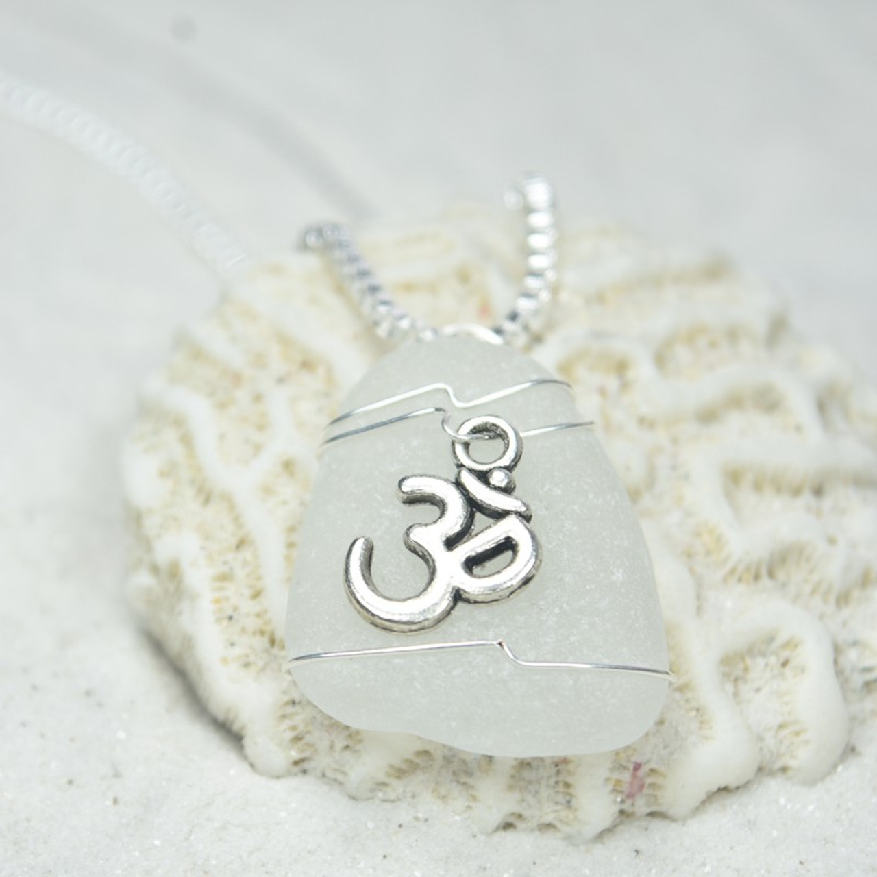 Genuine Sea Glass Necklace with a Silver Yoga Ohm Charm - Choose the Color - Frosted, Green, Brown, or Aqua - Made to Order