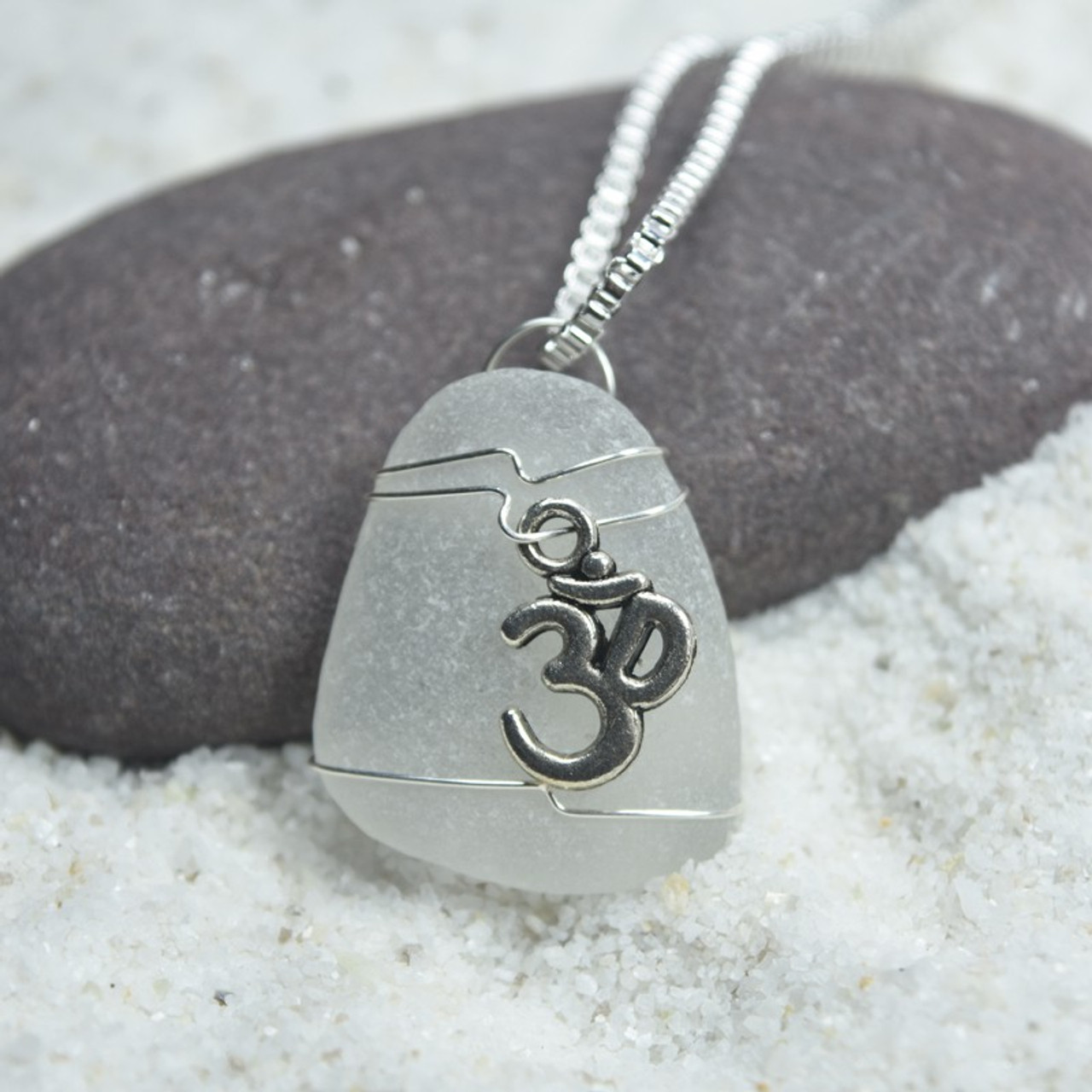 Genuine Sea Glass Necklace with a Silver Yoga Ohm Charm - Choose the Color - Frosted, Green, Brown, or Aqua - Made to Order