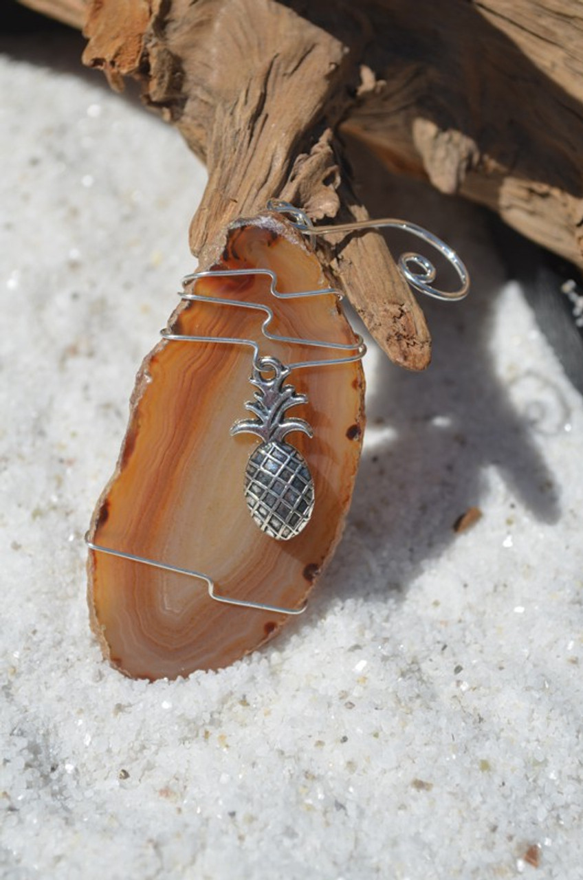 Agate Slice Ornament with Silver Pineapple Charm - Choose Your Agate Slice Color - Made to Order
