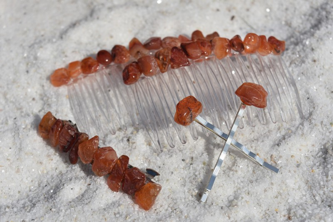 Carnelian Stone Hair Clip Set - Includes 2 Hair Combs, 1 60 mm French Barrette, 2 Hair Pins - Made to Order