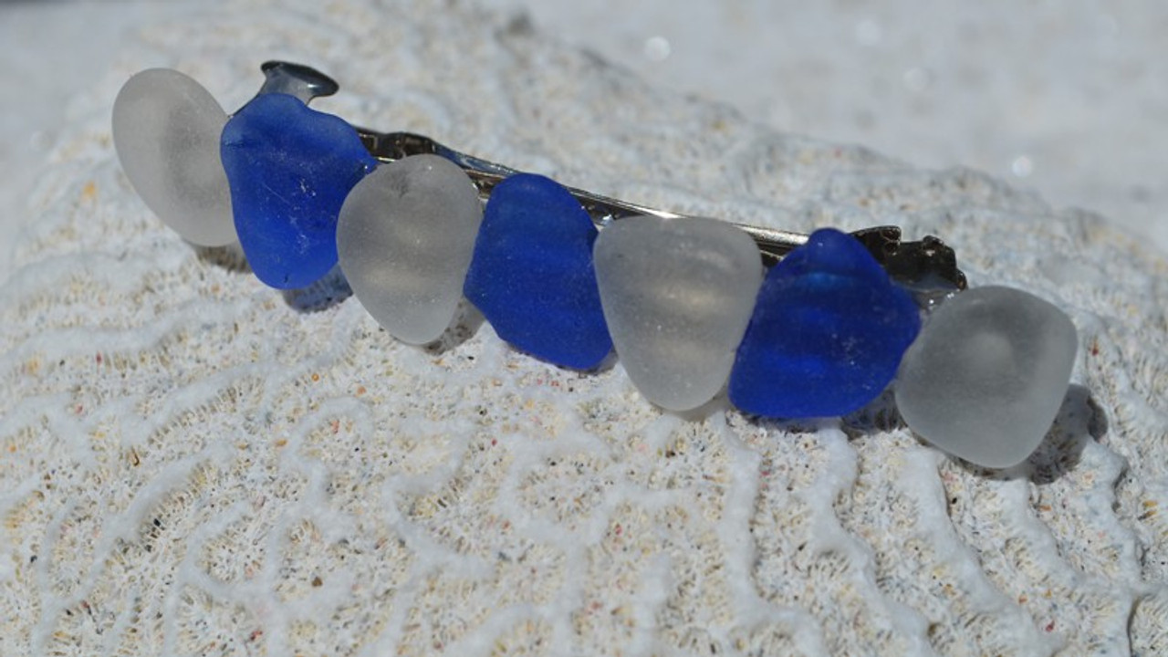 Blue and White Sea Glass French Barrette 