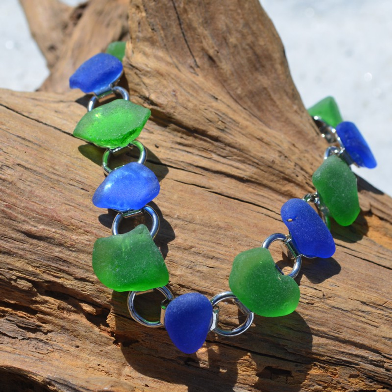 Genuine Surf Tumbled Frosted Green and Cobalt Blue Sea Glass Bracelet - 3 Size Options - Made to Order