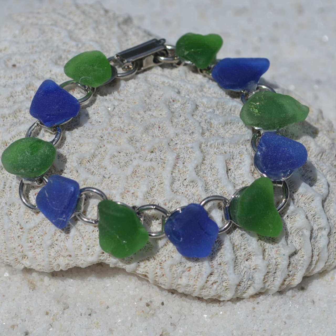 Genuine Surf Tumbled Frosted Green and Cobalt Blue Sea Glass Bracelet - 3 Size Options - Made to Order