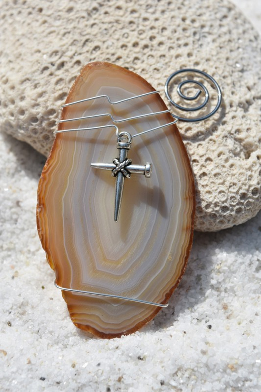 Agate Slice Ornament with Silver Nail Cross Charm - Choose Your Agate Slice Color - Made to Order